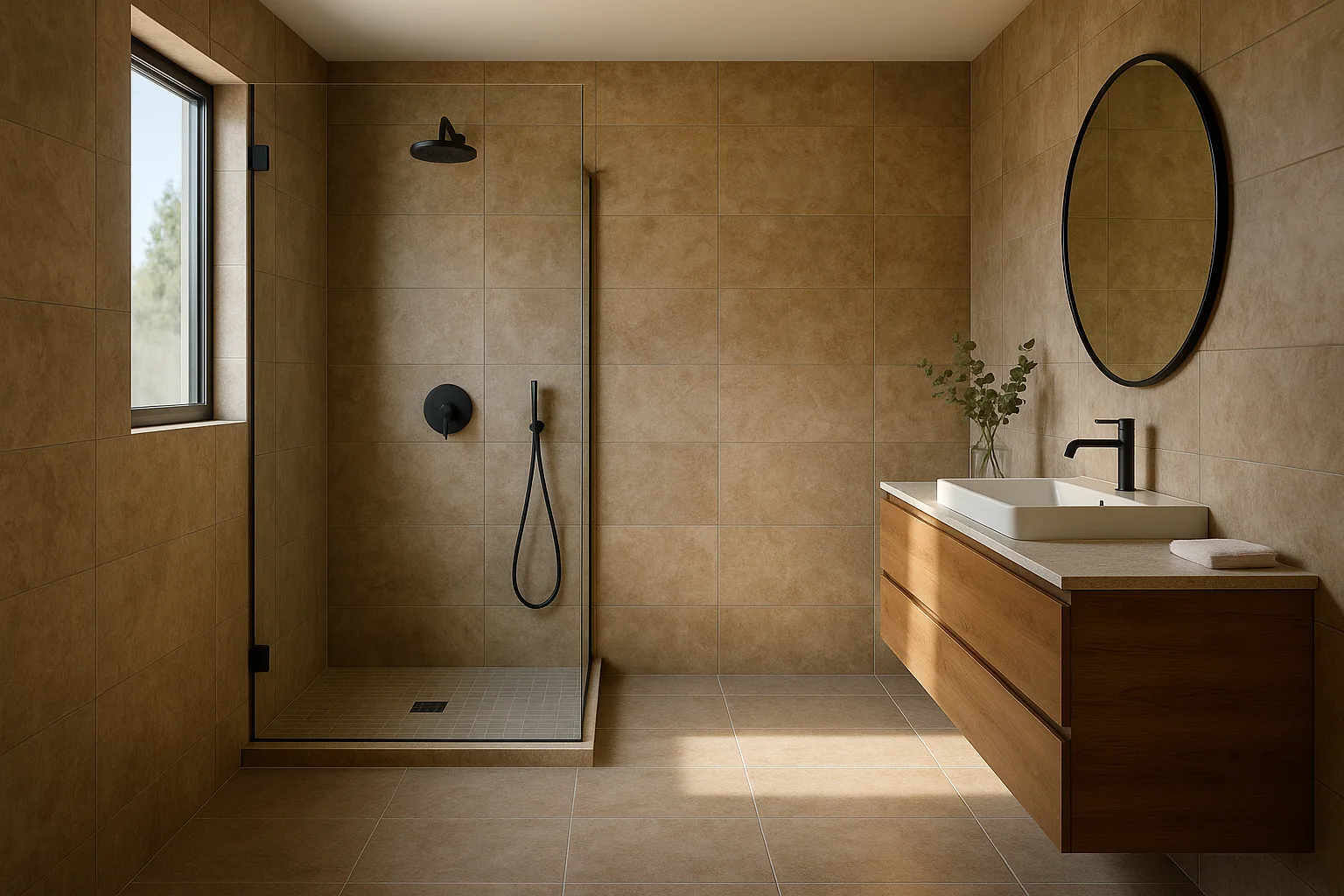 Remodeled Bend bathroom with walk in shower and heated tile floor