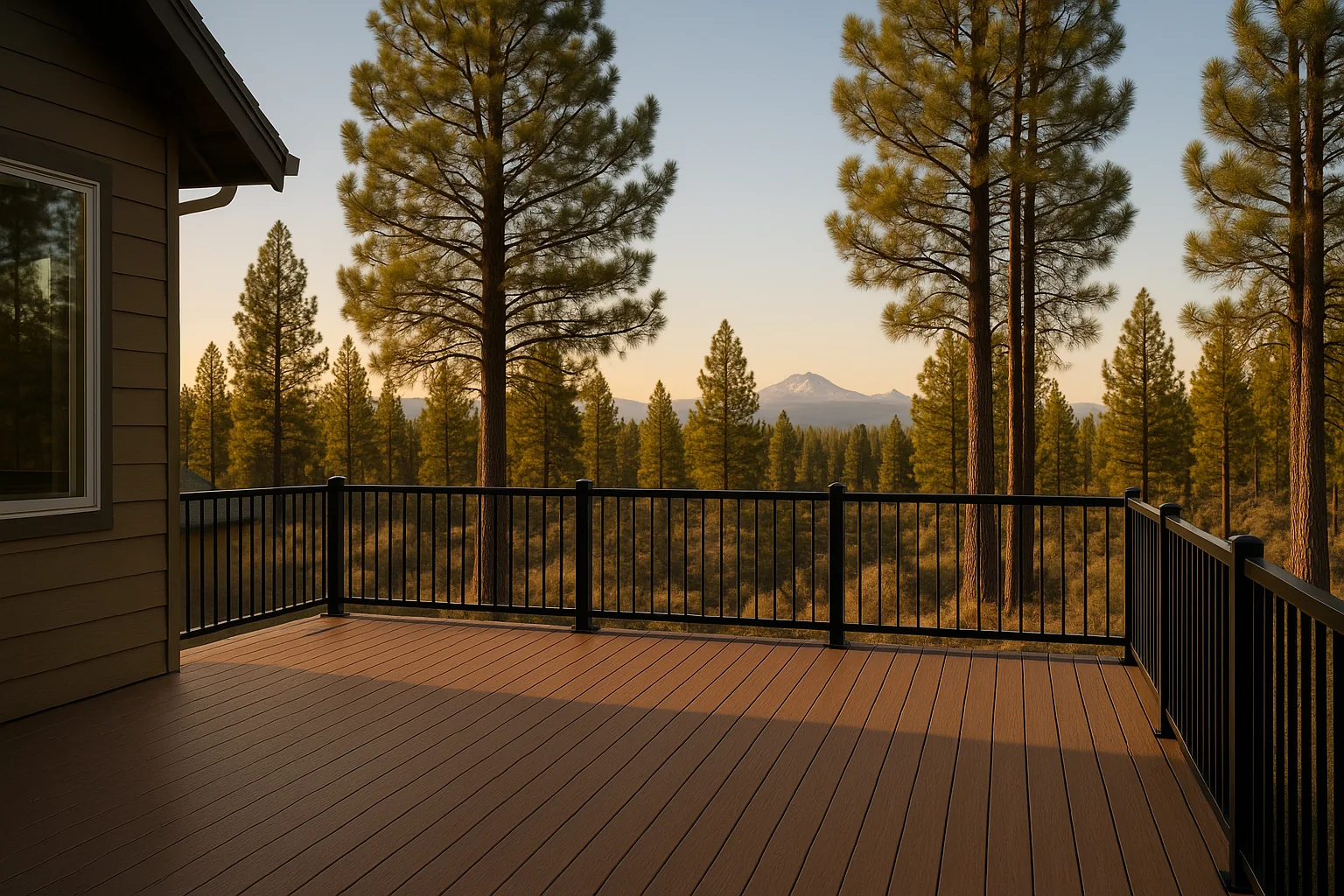 Composite deck on a Bend home with pine forest views