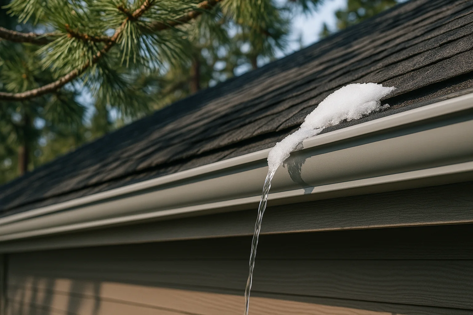 Seamless gutters on a Bend home with pine trees above
