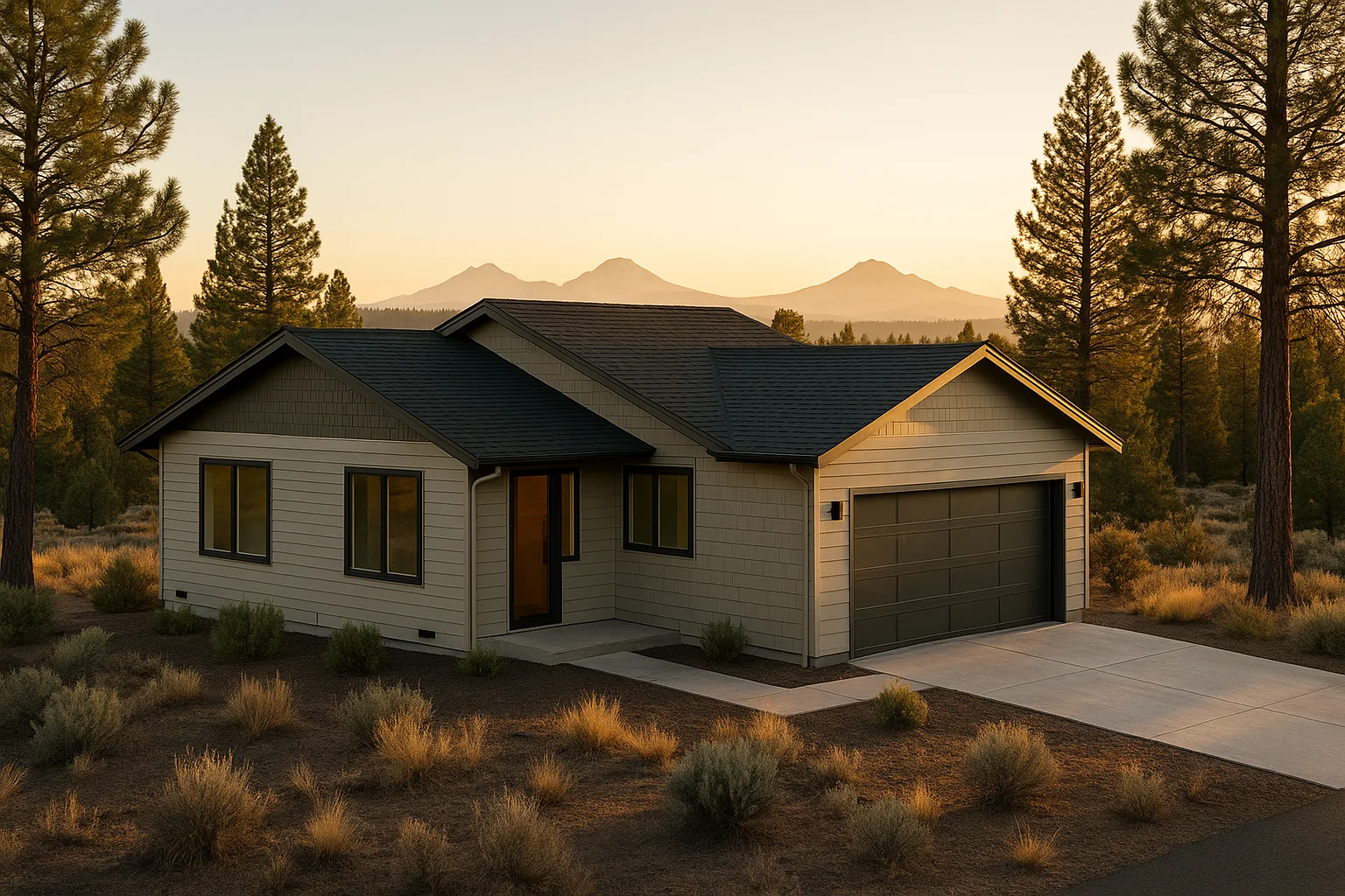 A modern Bend home with fresh exterior finishes against a high desert backdrop
