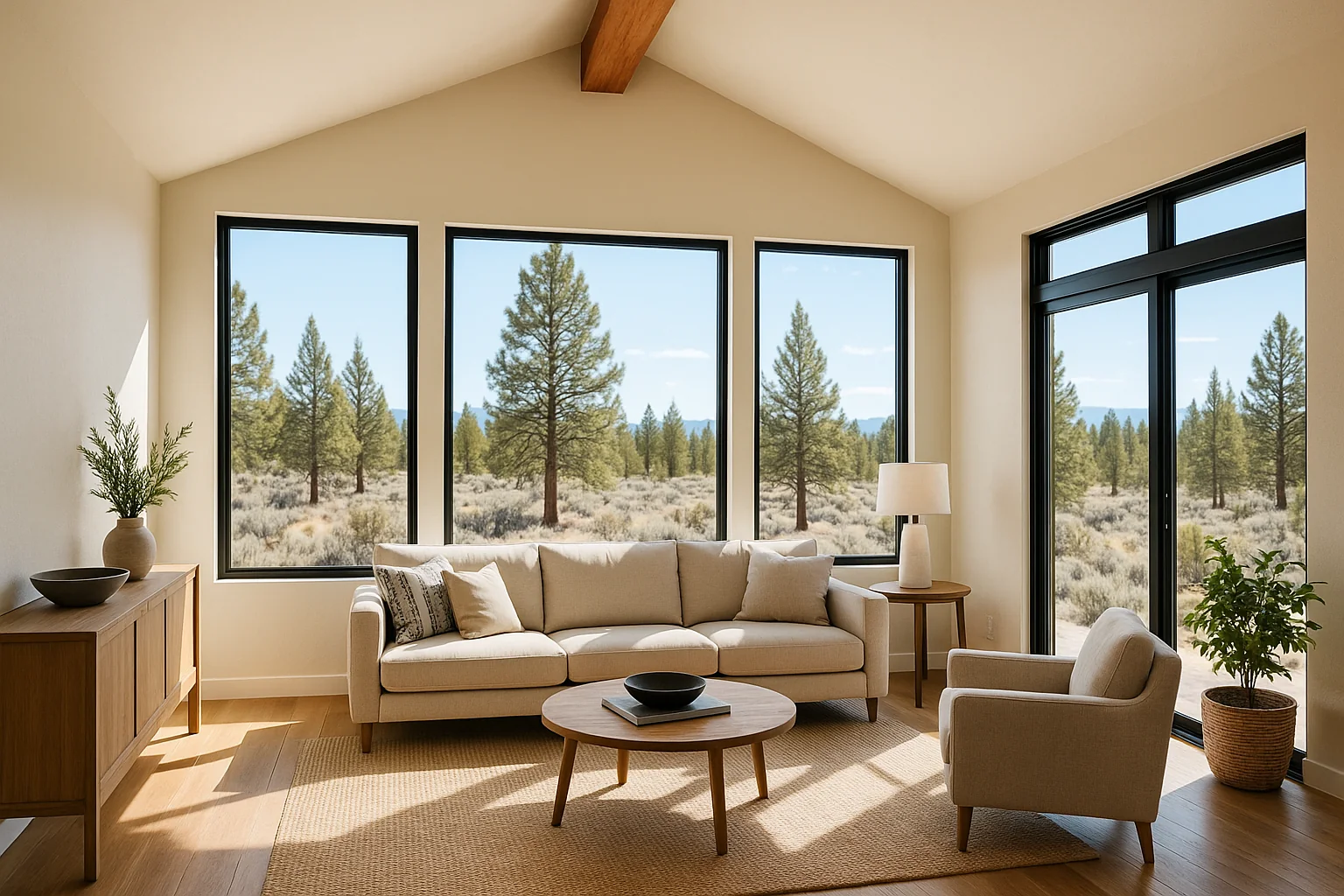 Bright freshly painted Bend living room with vaulted ceiling