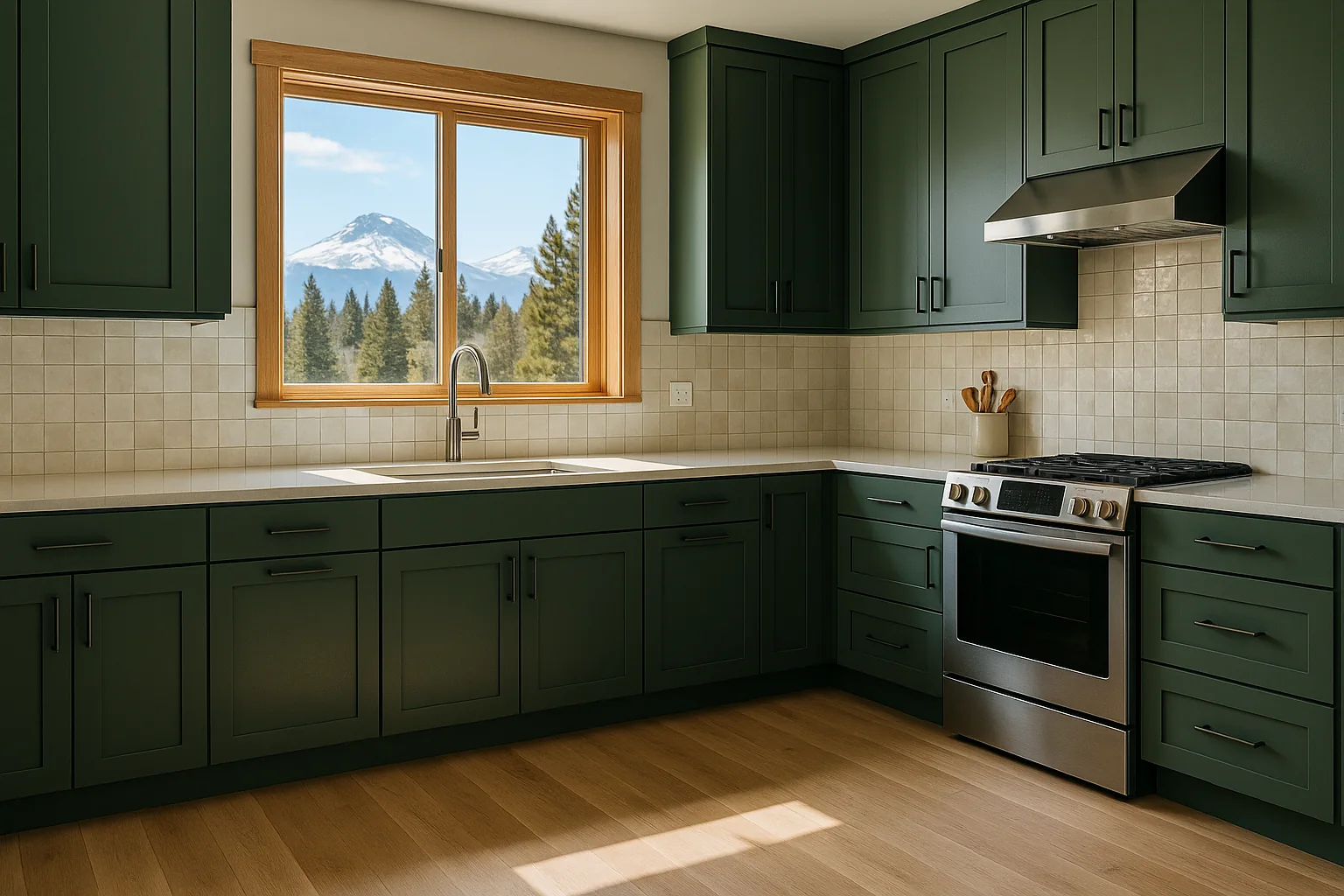 Refreshed Bend kitchen with sprayed cabinets and new backsplash