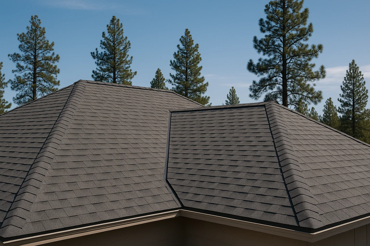 A new composition roof on a Bend home with pines behind