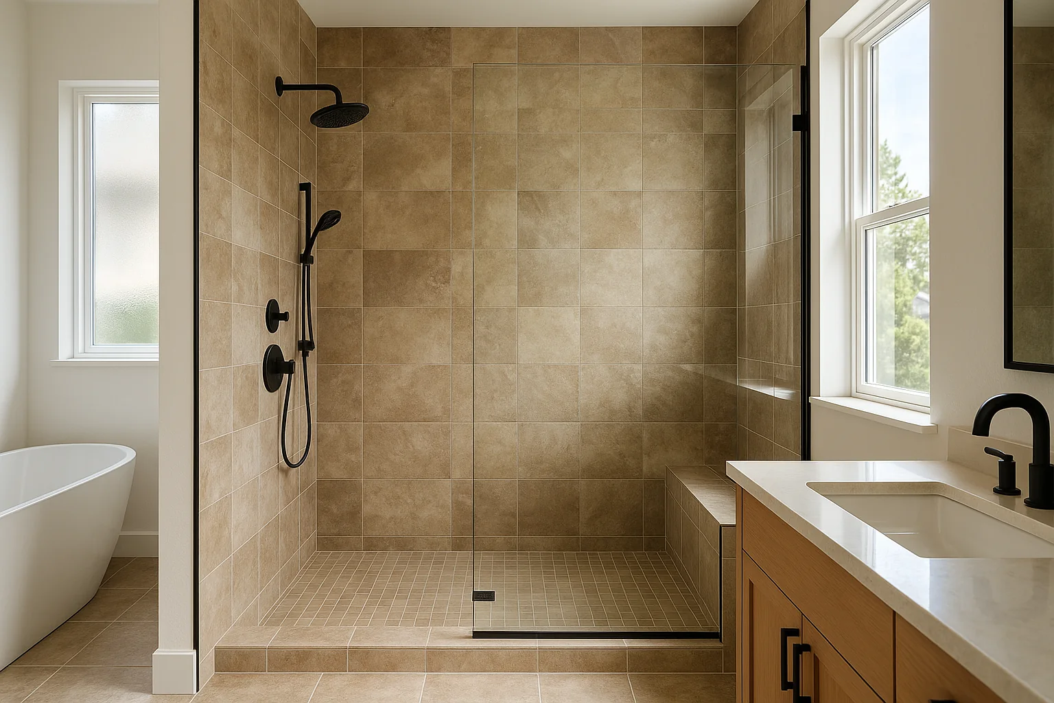 Large format tiled shower in a modern Bend bathroom